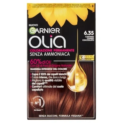 Afbeelding van Garnier Olia haarverf, permanente kleuring zonder ammoniak, delicate geur, dekt 100% van het witte haar af, bloemolie natuurlijke oorsprong, licht chocoladebruin