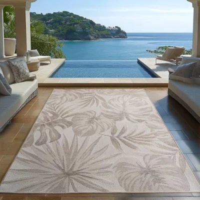 Afbeelding van Carpetsale24 Buiten Vloerkleed beige 120x170 cm, weerbestendig en UV bestendig, ideaal voor de keuken, balkon, terras, evenals woonkamer eetkamer, Palmbladeren design