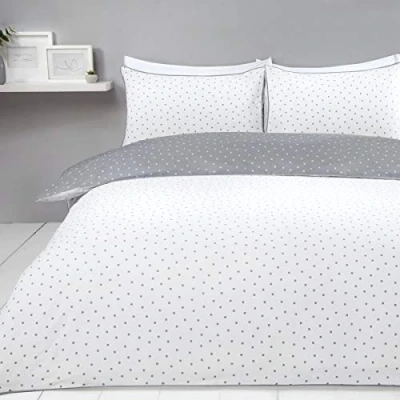 Afbeelding van Sleepdown Mini Polka Dots Grijs Wit Omkeerbaar Gemakkelijk Onderhoud Dekbedovertrek Quilt Beddengoed Set met Kussenslopen Super King (220cm x 260cm), Katoenmix