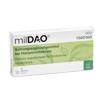 Afbeelding van milDAO® 30 tabletten. 100% veganistisch supplement voor histamine intolerantie. Het puur plantaardige alternatief, 1&#039;000&#039;000 HDU, Met catalase. beschermhoes DAO enzym.