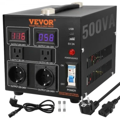 Afbeelding van VEVOR 500W spanningsomvormer transformator AC 110V220V 2x US NEMA 5 15R 3 polige/2x standaard Europese Shucko uitgangsstopcontacten, 1x 5V USB aansluiting, type C aansluiting