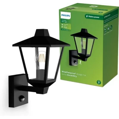 Afbeelding van Philips Kinno wandlamp Buitenlamp Bewegingssensor Zwart E27 fitting Maximaal 25W Weerbestendig; IP44 Staande