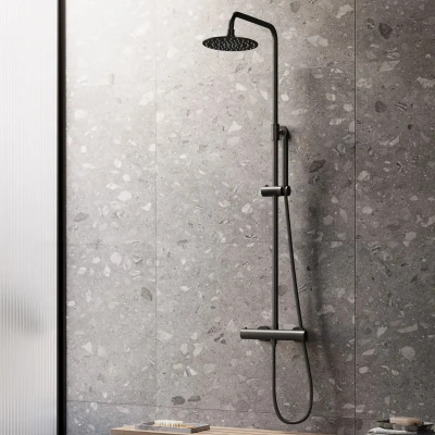 Afbeelding van Saniclear Nero mat zwart opbouw regendouche 30cm met thermostaatkraan en staafhanddouche