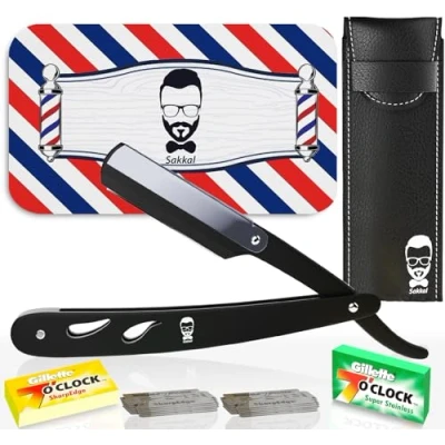 Afbeelding van SAKKAL Scheermes Barber Set 20 Halve Blades Etui Lederen Reizen Kappers Mannen Handbaard Professionele Kit Classic Handverzorging Precision Kappermechanica Baardsjablonen Zwart