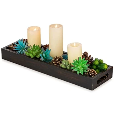 Afbeelding van Hanobe Rechthoekig lang smal dienblad: rustiek houten decoratief serveerstuk decor rechthoek met uitgesneden handgrepen kaarsenhouder trays voor thuis salontafel woonkamer badkamer, zwart bruin