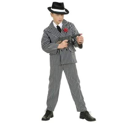 Afbeelding van Widmann Maffia Kostuum Gangster Jongen Al Capone Zwart / Wit Maat 128 Carnavalskleding Verkleedkleding
