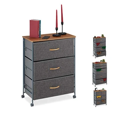 Afbeelding van Relaxdays ladekast op wielen, 3 stoffen lades, mooie kast, blad in houtlook, HBD 74.5 x 58 30 cm, grijs