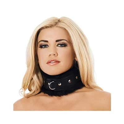 Afbeelding van Rimba Bondage Play Collar leer breed en gevoerd met kunstbont zwart M/L