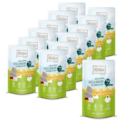 Afbeelding van MjAMjAM Premium natvoer voor katten Quetschie Chicks &amp; Friends sappige kip met gestoomde spinazie, 12 verpakking (12 x 125g), graanvrij