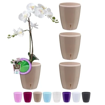 Afbeelding van Santino Orchideeënpotten, set van 4, diameter 15 cm, zelfbewaterende pot met waterlontsysteem en waterpeilindicator, voor gebruik binnenshuis, zandkleurig, 2 liter