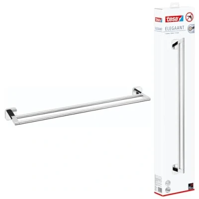 Afbeelding van Dubbele handdoekhouder, verchroomd badhanddoekhouder voor wandmontage zonder boren, inclusief lijmoplossing 113 mm x 630 50
