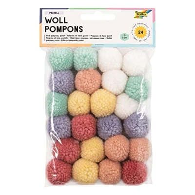 Afbeelding van folia 50242 wollen pompons, pastel, 24 stuks, gesorteerd in 6 kleuren, ca. 3 cm diameter, ideaal voor kleurrijk knutselwerk, meerkleurig
