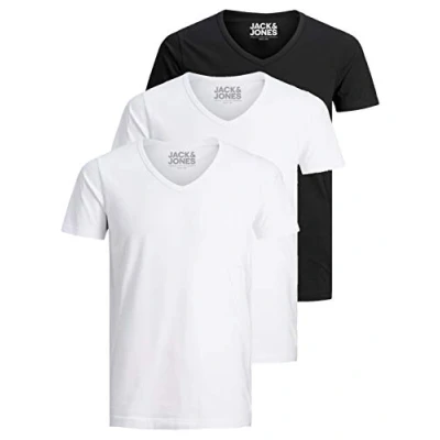 Afbeelding van Jack and Jones Basic T shirt voor heren, V hals, 3 pack, effen, slimfit, in wit, zwart, blauw, grijs, XL