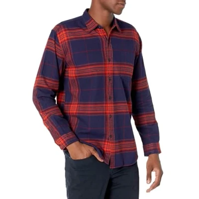Afbeelding van Amazon Essentials Men&#039;s Flanellen overhemd met lange mouwen (verkrijgbaar in Grote en maten), Donkerblauw Oranje ruiten, XS