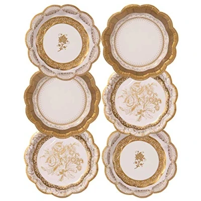 Afbeelding van Pack van 12 Gold porselein stijl Small Paper Party Dessert Plates 3 Modellen Uniek, glamoureus, elegant, wegwerp Voor bruiloften, verjaardag, afternoon tea, gelegenheid, viering