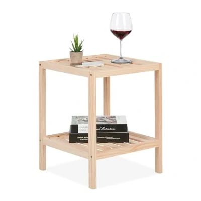 Afbeelding van Relaxdays bijzettafel, hout, HxBxD: 50 x 40 cm, salontafel met 2 etages, vierkante nachttafel, woonkamer, natuur