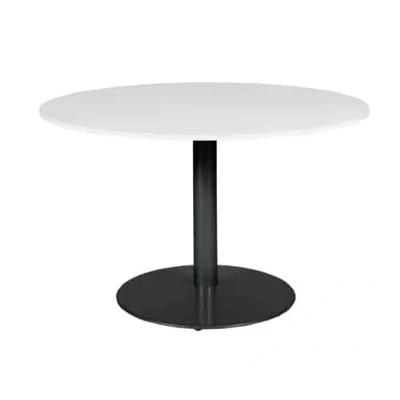 Afbeelding van Linesto 120cm ronde vergadertafel op vaste hoogte (74cm) met krijtwit 25mm blad en zwarte (RAL9005) trompetvoet
