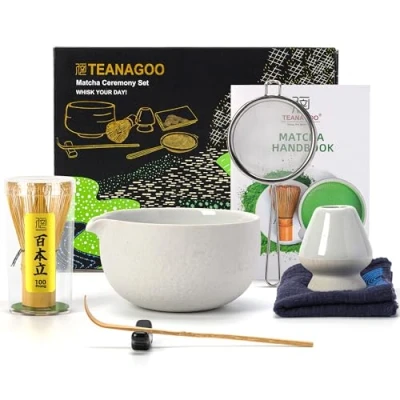 Afbeelding van TEANAGOO Japanse theeset (7 delig), Matcha gardeset, kom met schenktuit, bamboe garde (chasen), schep (chashaku), gardehouder, theeset. N3, Lt. Grey,