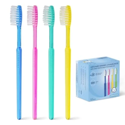 Afbeelding van 500x ARNOMED wegwerptandenborstels met tandpasta, tandenborstels individueel verpakt, tandenborstel rood, blauw, groen &amp; geel, reistandenborstelset, wegwerptandenborstel incl. tandpasta muntsmaak