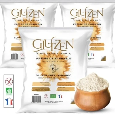 Afbeelding van Glutenvrije Biologische Boekweitbloem GLUTZEN. Glutenvrij brood, pizzadeeg, pasta, pannenkoeken, koekjes, muffins. Coeliakie, lage glycemische index, Keto, Vegan, zonder allergenen. (3x500g)