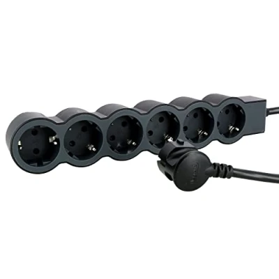 Afbeelding van LEGRAND, Platte stekkerdoos, 6 voudig stopcontact, meervoudige 3 meter kabellengte, zwart/donkergrijs, 694566