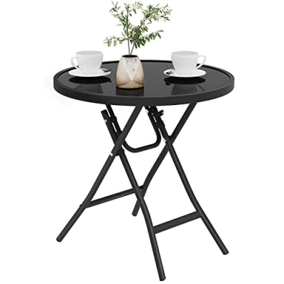 Afbeelding van eSituro inklapbare salontafel voor het balkon, met tafelblad van glas, tuintafel, tafel, zwart, diameter 46 x 47,5 cm, ronde tafel