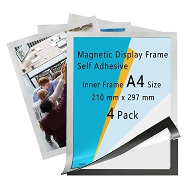 Afbeelding van Magneetlijsten A4, zelfklevend, informatielijst, opklapbaar magneetframe met magneetsluiting, 32,5 x 24 cm, zilver, 4 stuks