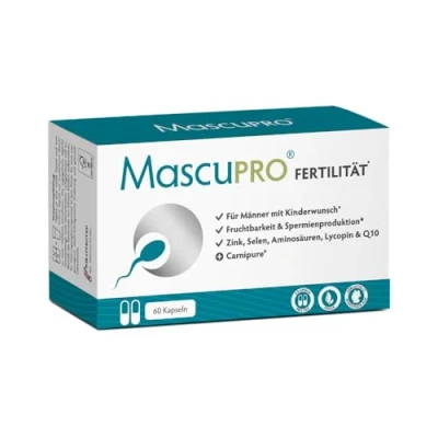 Afbeelding van MascuPRO fertiliteit man veganistisch vruchtbaarheid + spermaproductie 60 capsules zink, selenium, L carnitine, arginine kinderwenstabletten