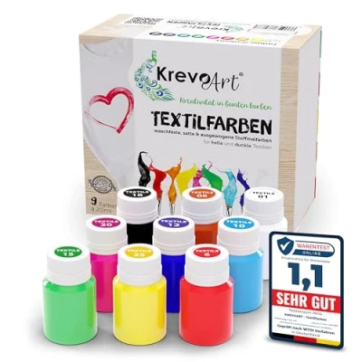 Afbeelding van Krevo Art Stofverf, textielverf, wasbaar, set van 9 x 20 ml stofkleuren in flesjes voor het beschilderen verschillende soorten textiel
