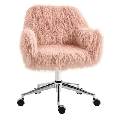 Afbeelding van Vinsetto directiestoel draaistoel computerstoel zithoogteverstelling voor meisjes imitatiebont schuimstof roze + zilver 57 x 60 75 85 cm