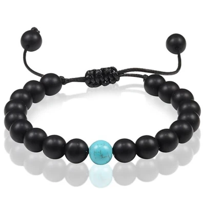 Afbeelding van Memphis Kralen armband Zwart verstelbaar Matte Agaat Turkoois 8mm