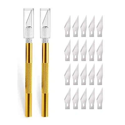 Afbeelding van 2 stuks cutter voor doe het zelf kunst werk snijden, scalpel met 20 reservemesjes, knutselmes, cuttermes, hobbymes, snijmes, caving, sculptuur, raamfolie, lakbeschermingsfolie (geel)