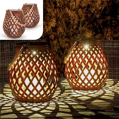 Afbeelding van Gadgy Solar Lantaarn Basket Tuinlantaarn set van 2 Tafellamp voor Binnen en Buiten Tuinverlichting op Zonneenergie Led Buitenverlichting met dag/nacht Sensor Hanglamp 21CM Hoog