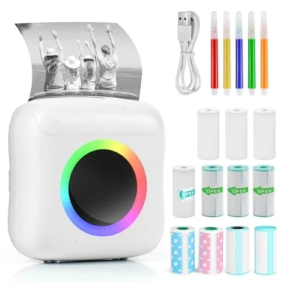 Afbeelding van GuKKK Mini printer, mobiele fotoprinter, draagbaar, draadloze thermische met 11 rollen printerpapier en 5 kleurpotloden, smartphone Bluetooth voor lijst, dagboek