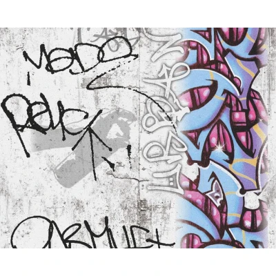 Afbeelding van Leen Bakker A.S. CrÃ ation Behang Graffiti , Paars En Blauw 53cm X 10,05 M AS Grijs Vinyl Création