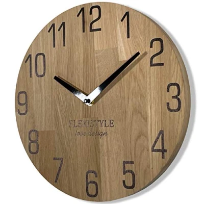 Afbeelding van Wandklok natuur 30 cm diameter houtlook 100% eiken, hout modern, woonkamer, zonder tikkend geluid ..