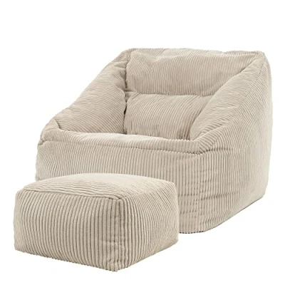 Afbeelding van icon “Morgan Corduroy Zitzakfauteuil en Hocker, Naturel, XXL Zitzakstoel, Zitzak Volwassenen met Vulling, Woonkamerzitzakken