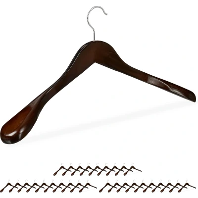 Afbeelding van 30x kledinghanger hout, set, voor jas, pakken, kostuums, &amp; mantels, stevige kleerhangers, in het donkerbruin