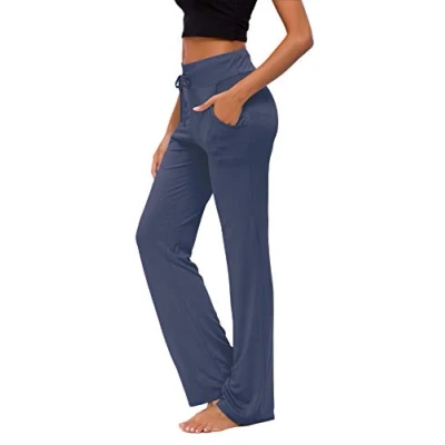 Afbeelding van Yogabroek voor dames met zakken rechte pijpen joggingbroek comfortabele modale trekkoord lounge running lange actieve broek, Donkerblauw, M