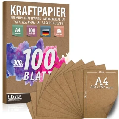 Afbeelding van 100 vellen kraftpapier A4 set 300 g 21 x 29,7 cm DIN formaat knutselpapier &amp; natuurkarton kartonnen kraftkarton om af te drukken, papierknutsels huwelijksgeschenk en etiketten