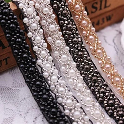 Afbeelding van Yulakes 2 Yards Parel Kralen Kant Trim Mesh Lint Stof Kleding Decoratie Trouwjurk Kraag Mouw Applique DIY Ambachten (Champagne)