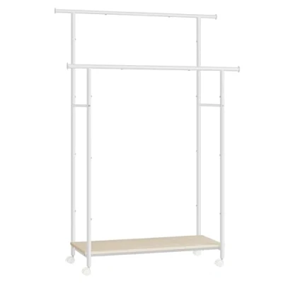 Afbeelding van SONGMICS Kledingrek met wielen, kapstok plank, dubbele hanger, breedte 98,5 cm, totale capaciteit 100 kg, stalen structuur, natuurlijk beige en wolkenwit HSR152W01