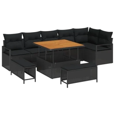 Afbeelding van vidaXL 9 delige tuinsofa set met kussens zwart poly rattan acacia