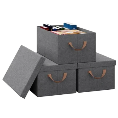 Afbeelding van WOLTU ABB02gbn 3 Opbergdozen, set van 3, doos met deksel, stoffen opbergmand, organizer box voor speelgoed en kleding, opbergdoos, vouwdoos, grijs, 48 x 20 29 cm
