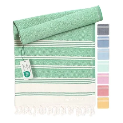 Afbeelding van Fit Flip Hamamdoek Strandhanddoek XXL van 100% gerecycled katoen sneldrogend strandlaken, fouta, pestemal Turkse handdoek ideaal als hamam saunahanddoek en sarong Groen 100x200cm Diamond