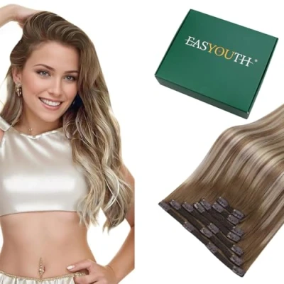 Afbeelding van Easyouth Clip in Extensies Echt Haar Dubbele Strengen Remy Human Haarextensies Clips 55cm 105g 7Stuks #6/60/6