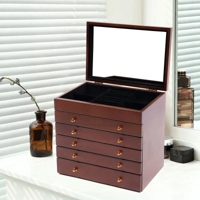 Afbeelding van 6 Lagen Houten Sieradendoos met 5 Lades Grote Sieraden en Accessoire Organizer Opbergdoos Vintage Spiegel