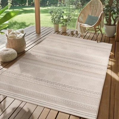 Afbeelding van SIMPEX Buiten Vloerkleed beige 240x340 cm, weerbestendig en UV bestendig, ideaal voor de keuken, balkon, terras, evenals woonkamer eetkamer, Scandinavisch boho design