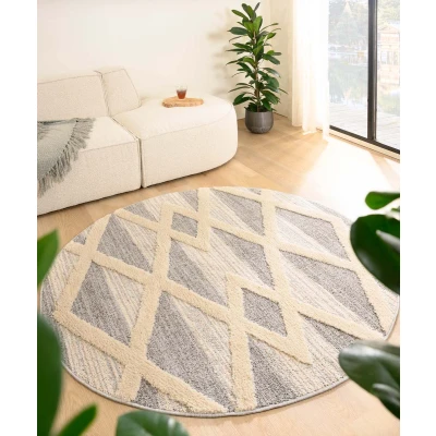 Afbeelding van Rond Tapijt/Vloerkleed Scandinavisch Fjord Farger Grijs/crème 160 Cm
