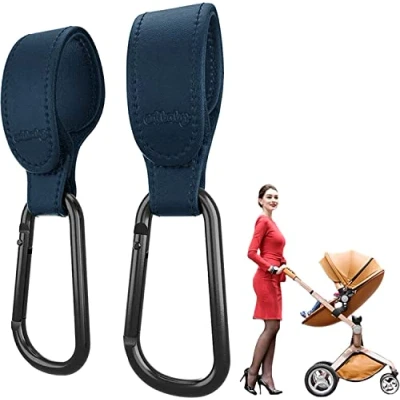Afbeelding van Edibaby, Kinderwagenhaken, Accessoires, van Leer, 2 Stuks, Universeel Gebruik, Karabijnhaken voor Kinderwagens het Ophangen Tassen, Rugzakken, Portemonnees etc. (Blauw)